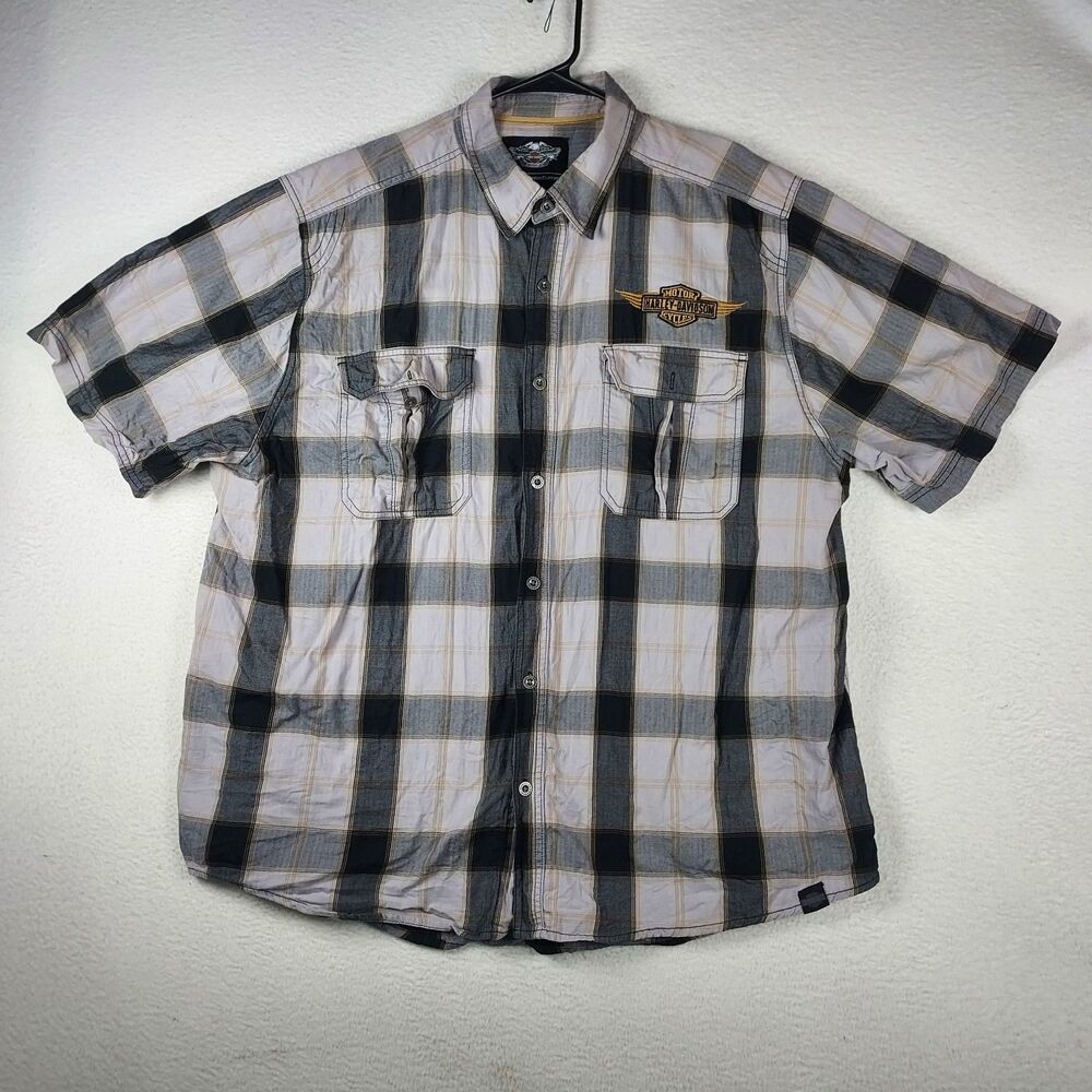 Harley-Davidson Mens 2XL Plaid Button Front Shirt Short Sleeve Cotton Logo